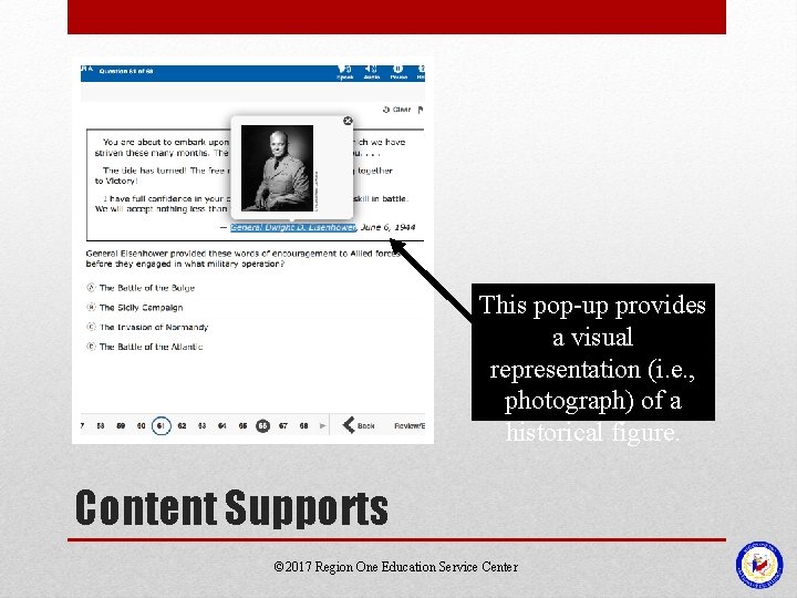 This pop-up provides a visual representation (i. e. , photograph) of a historical figure. This pop-up provides a visual representation (i. e. , photograph) of a historical figure.