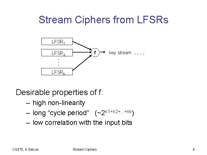 Stream Ciphers from LFSRs LFSR 1 LFSR 2 f key stream. . . .