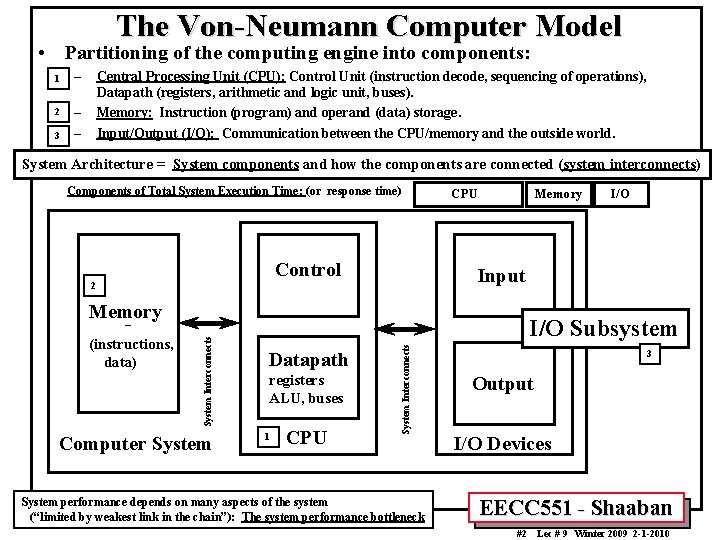The Von-Neumann Computer Model • Partitioning of the computing engine into components: 1 2