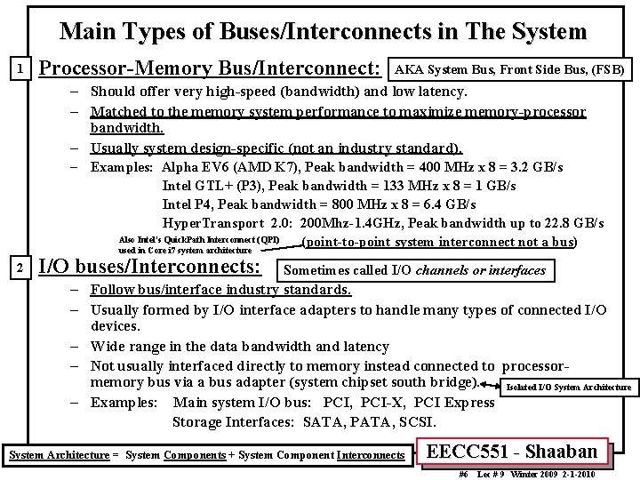 Main Types of Buses/Interconnects in The System 1 Processor-Memory Bus/Interconnect: AKA System Bus, Front