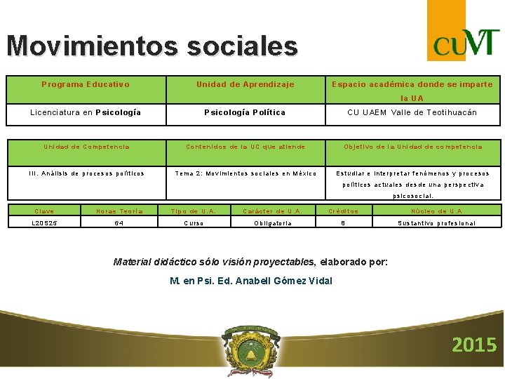 Movimientos sociales Programa Educativo Unidad de Aprendizaje Espacio académica donde se imparte la UA