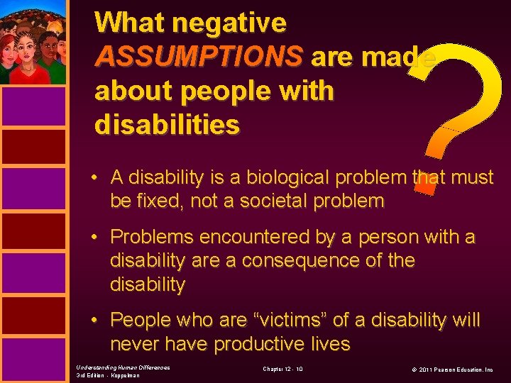 What negative ASSUMPTIONS are made about people with disabilities • A disability is a