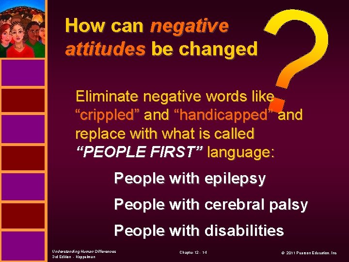 How can negative attitudes be changed Eliminate negative words like “crippled” and “handicapped” and