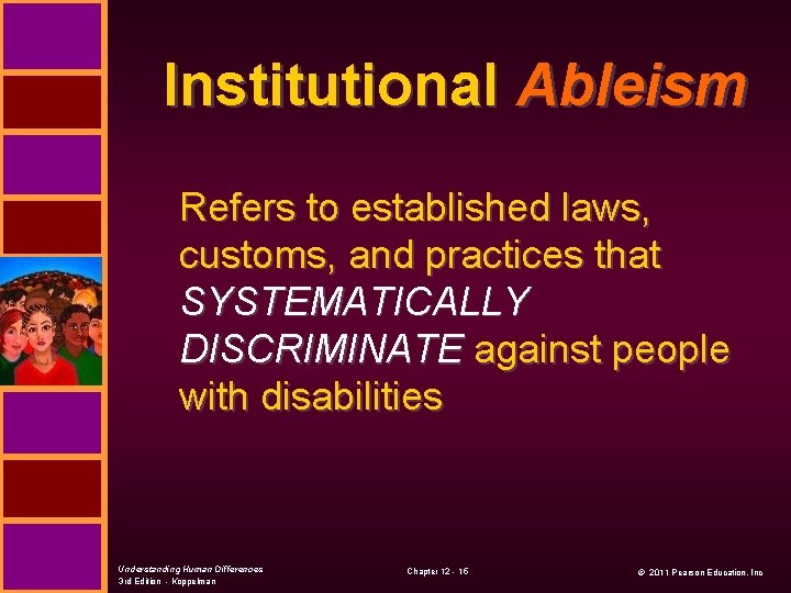 Institutional Ableism Refers to established laws, customs, and practices that SYSTEMATICALLY DISCRIMINATE against people