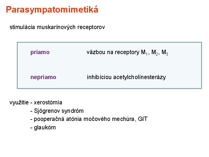 Parasympatomimetiká stimulácia muskarínových receptorov priamo väzbou na receptory M 1, M 2, M 3