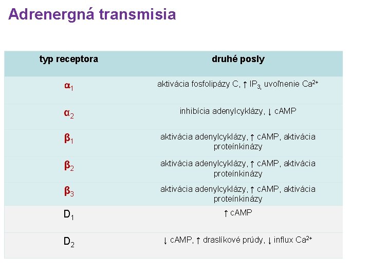 Adrenergná transmisia typ receptora druhé posly α 1 aktivácia fosfolipázy C, ↑ IP 3,