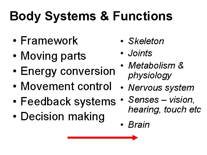 Body Systems & Functions • • • Framework Moving parts Energy conversion Movement control Body Systems & Functions • • • Framework Moving parts Energy conversion Movement control