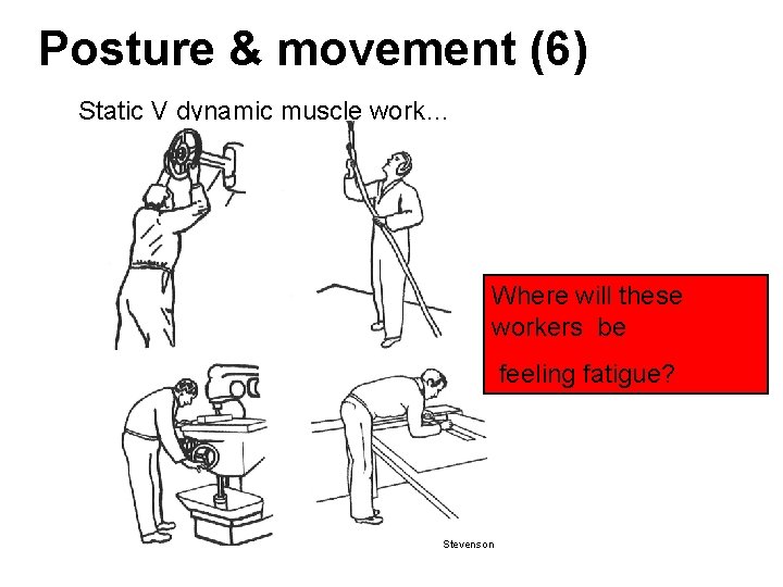 Posture & movement (6) Static V dynamic muscle work… Where will these workers be Posture & movement (6) Static V dynamic muscle work… Where will these workers be