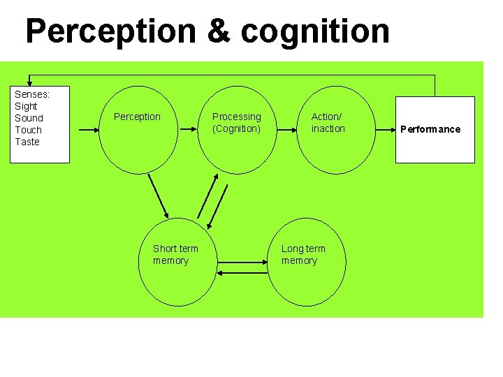 Perception & cognition Senses: Sight Sound Touch Taste Perception Short term memory Processing (Cognition) Perception & cognition Senses: Sight Sound Touch Taste Perception Short term memory Processing (Cognition)
