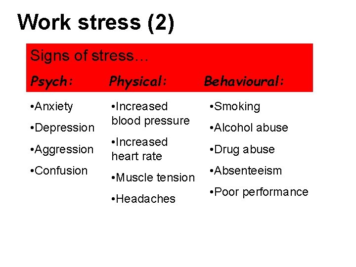Work stress (2) Signs of stress… Psych: Physical: • Anxiety • Increased blood pressure Work stress (2) Signs of stress… Psych: Physical: • Anxiety • Increased blood pressure