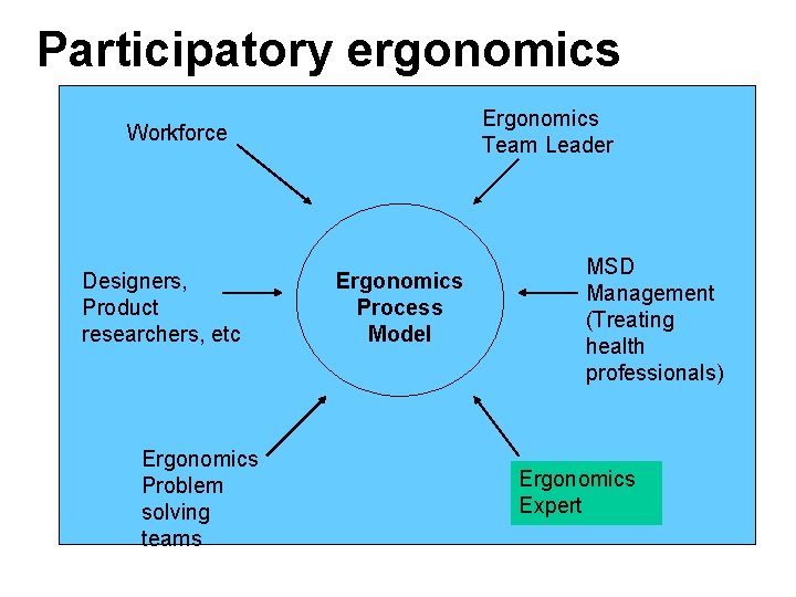 Participatory ergonomics Ergonomics Team Leader Workforce Designers, Product researchers, etc Ergonomics Problem solving teams Participatory ergonomics Ergonomics Team Leader Workforce Designers, Product researchers, etc Ergonomics Problem solving teams