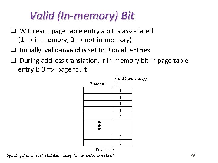 Valid (In-memory) Bit q With each page table entry a bit is associated (1