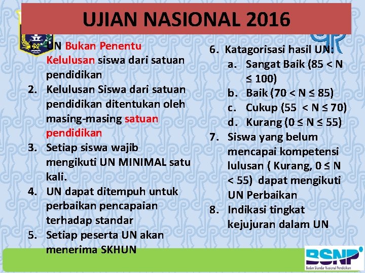 UJIAN NASIONAL 2016 1. UN Bukan Penentu Kelulusan siswa dari satuan pendidikan 2. Kelulusan