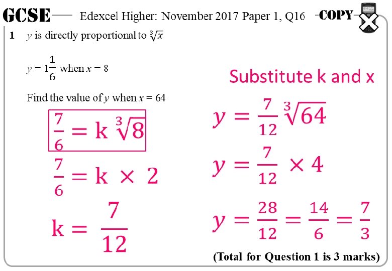 GCSE 1 Edexcel Higher: November 2017 Paper 1, Q 16 Substitute k and x