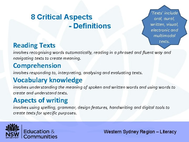 8 Critical Aspects - Definitions Reading Texts ‘Texts’ include oral, aural, written, visual, electronic