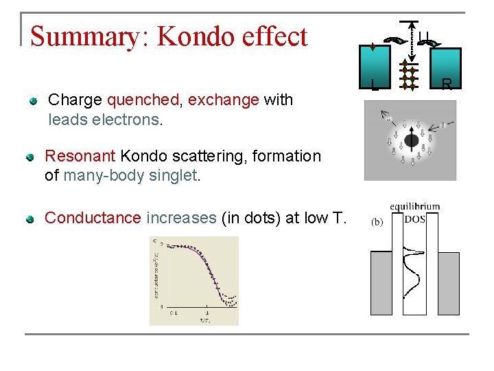 Summary: Kondo effect Charge quenched, exchange with leads electrons. Resonant Kondo scattering, formation of Summary: Kondo effect Charge quenched, exchange with leads electrons. Resonant Kondo scattering, formation of