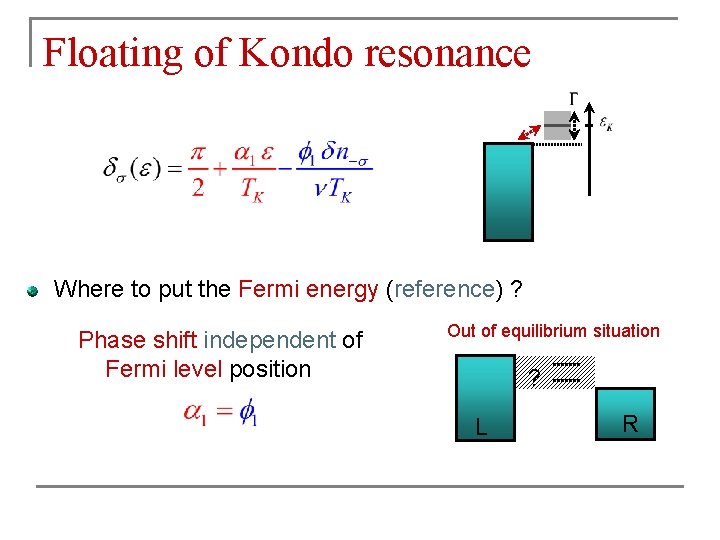 Floating of Kondo resonance Where to put the Fermi energy (reference) ? Phase shift Floating of Kondo resonance Where to put the Fermi energy (reference) ? Phase shift