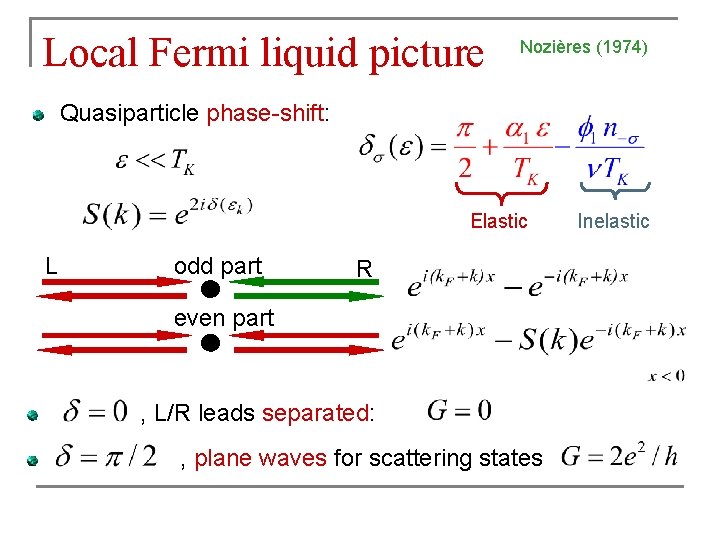 Local Fermi liquid picture Nozières (1974) Quasiparticle phase-shift: Elastic L odd part R even Local Fermi liquid picture Nozières (1974) Quasiparticle phase-shift: Elastic L odd part R even