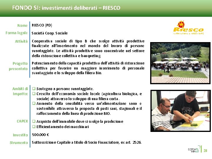 FONDO SI: investimenti deliberati – RIESCO Nome Forma legale RIESCO (PD) Società Coop. Sociale