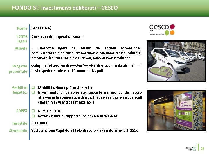 FONDO SI: investimenti deliberati – GESCO Nome GESCO (NA) Forma legale Consorzio di cooperative