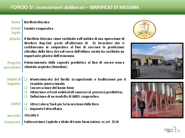 FONDO SI: investimenti deliberati – BIRRIFICIO DI MESSINA Nome Birrificio Messina Forma legale Società