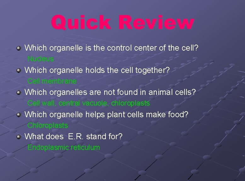 Quick Review Which organelle is the control center of the cell? Nucleus Which organelle