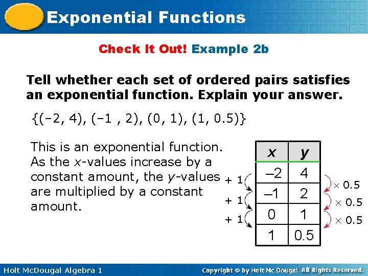 Exponential Functions Check It Out! Example 2 b Tell whether each set of ordered
