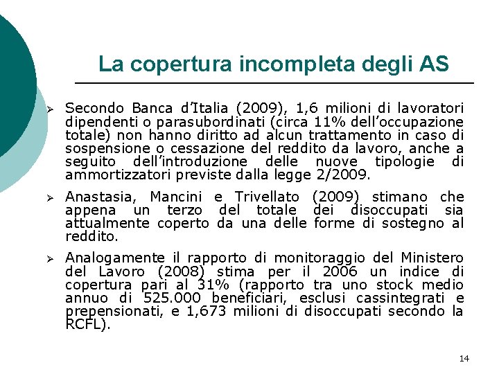 La copertura incompleta degli AS Ø Secondo Banca d’Italia (2009), 1, 6 milioni di La copertura incompleta degli AS Ø Secondo Banca d’Italia (2009), 1, 6 milioni di