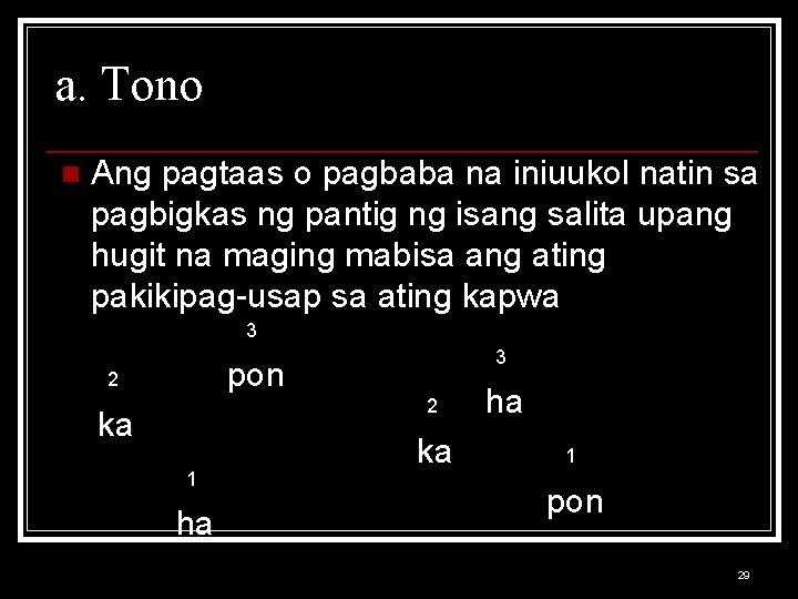 a. Tono n Ang pagtaas o pagbaba na iniuukol natin sa pagbigkas ng pantig