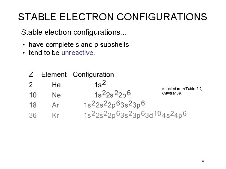 STABLE ELECTRON CONFIGURATIONS Stable electron configurations. . . • have complete s and p