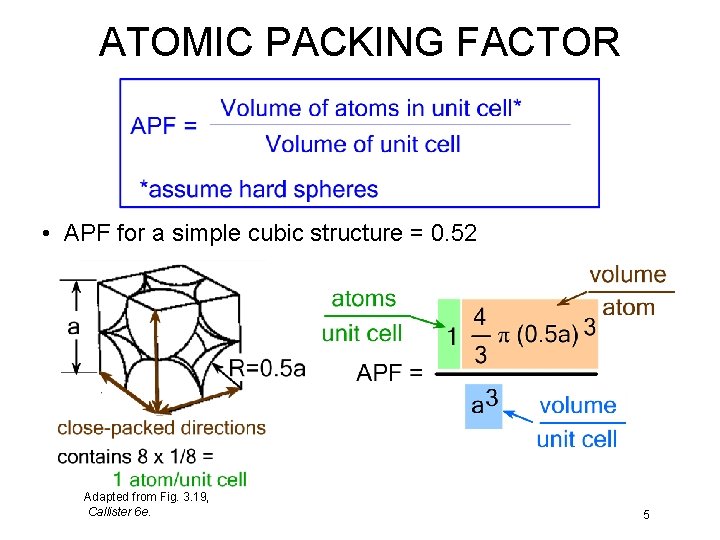 ATOMIC PACKING FACTOR • APF for a simple cubic structure = 0. 52 Adapted