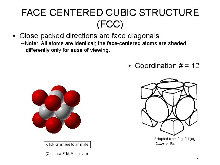 FACE CENTERED CUBIC STRUCTURE (FCC) • Close packed directions are face diagonals. --Note: All