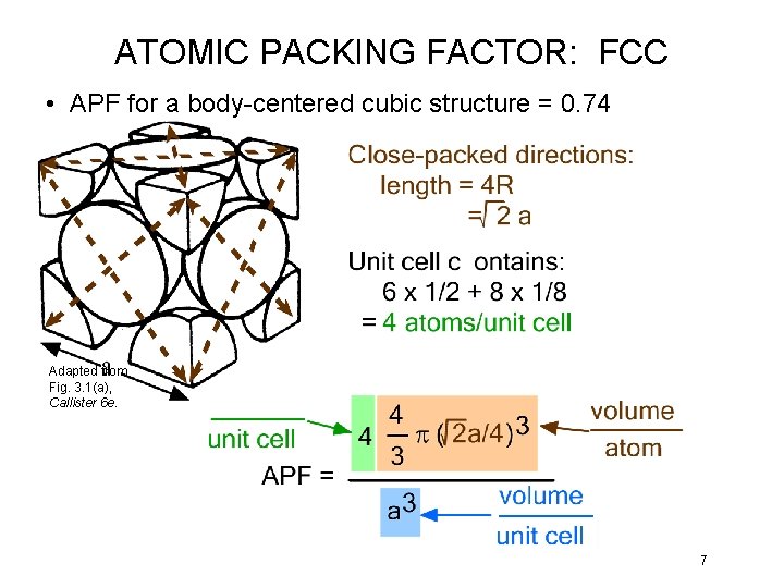 ATOMIC PACKING FACTOR: FCC • APF for a body-centered cubic structure = 0. 74