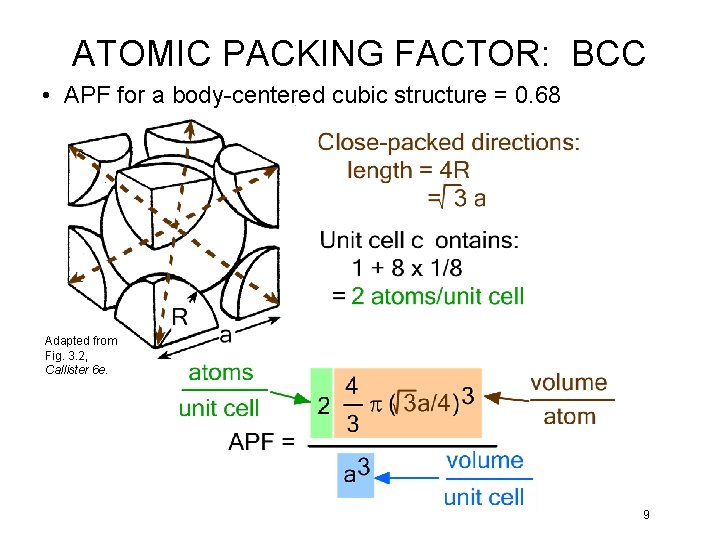 ATOMIC PACKING FACTOR: BCC • APF for a body-centered cubic structure = 0. 68