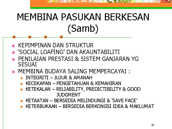 MEMBINA PASUKAN BERKESAN (Samb) n n KEPIMPINAN DAN STRUKTUR ‘SOCIAL LOAFING’ DAN AKAUNTABILITI PENILAIAN