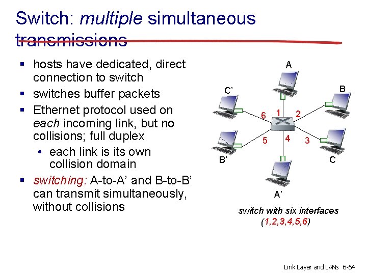 Switch: multiple simultaneous transmissions § hosts have dedicated, direct connection to switch § switches