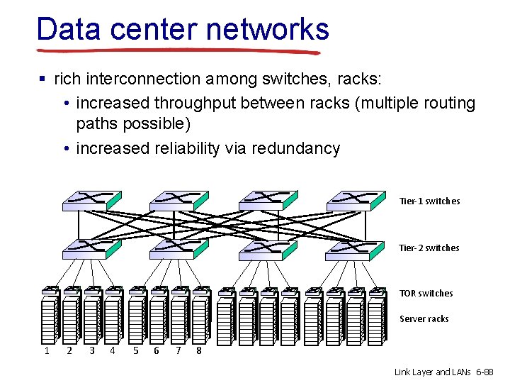 Data center networks § rich interconnection among switches, racks: • increased throughput between racks