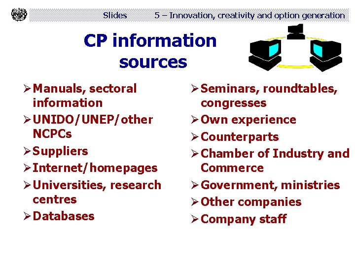 Slides 5 – Innovation, creativity and option generation CP information sources Ø Manuals, sectoral