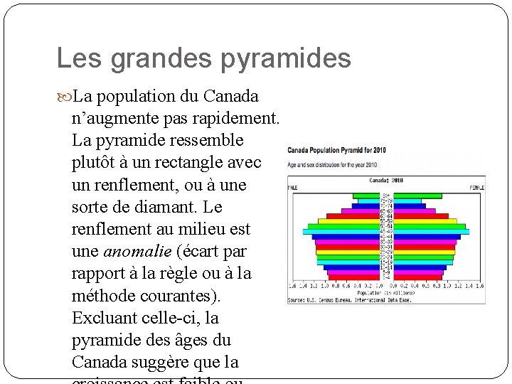 Les grandes pyramides La population du Canada n’augmente pas rapidement. La pyramide ressemble plutôt