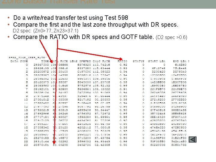 Zone Based Transfer Rate Test • Do a write/read transfer test using Test 598