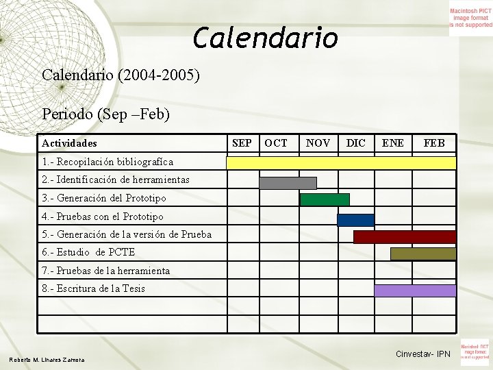 Calendario (2004 -2005) Periodo (Sep –Feb) Actividades SEP OCT NOV 1. - Recopilación bibliografíca