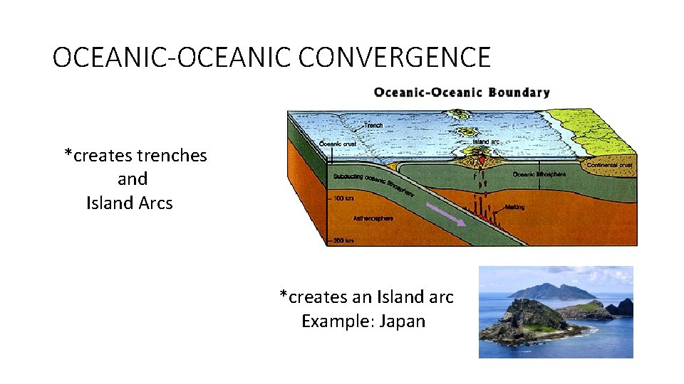 OCEANIC-OCEANIC CONVERGENCE *creates trenches and Island Arcs *creates an Island arc Example: Japan 