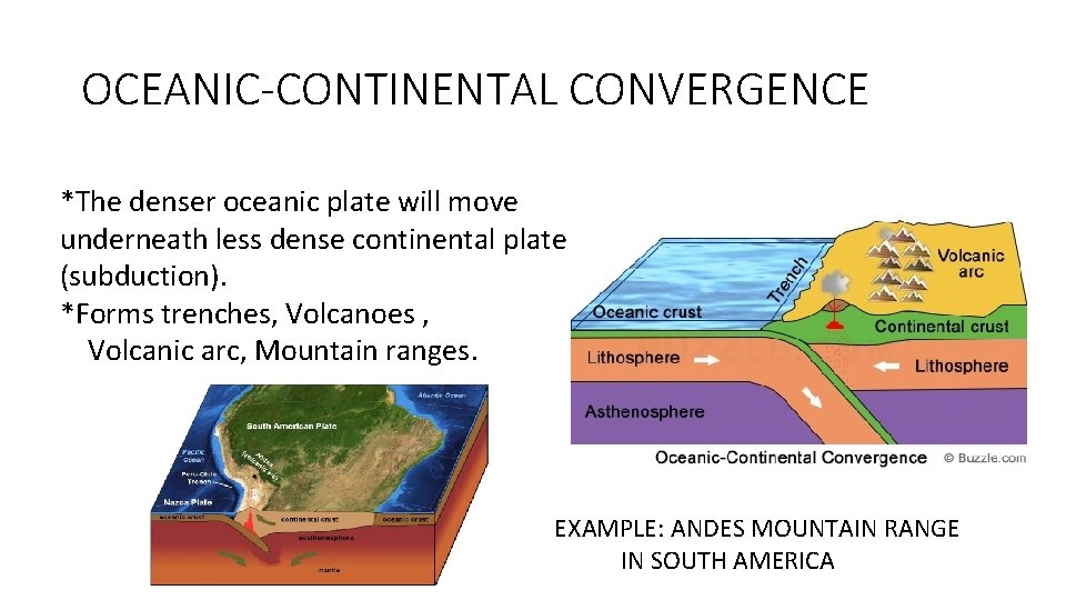 OCEANIC-CONTINENTAL CONVERGENCE *The denser oceanic plate will move underneath less dense continental plate (subduction).