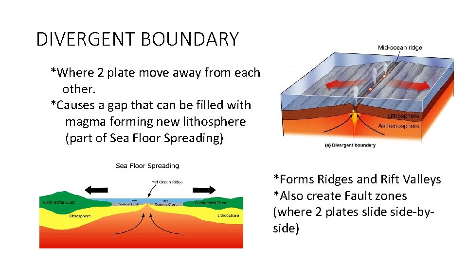 DIVERGENT BOUNDARY *Where 2 plate move away from each other. *Causes a gap that