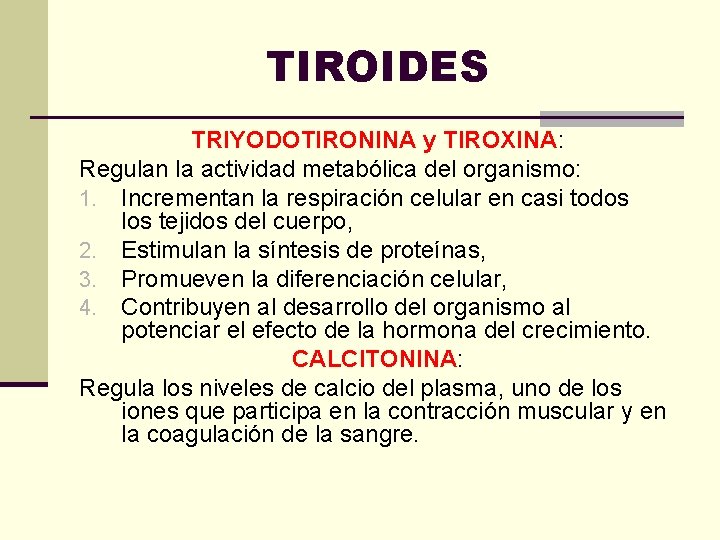 TIROIDES TRIYODOTIRONINA y TIROXINA: Regulan la actividad metabólica del organismo: 1. Incrementan la respiración