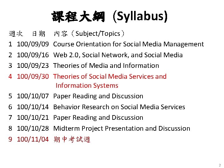 課程大綱 (Syllabus) 週次 日期 內容（Subject/Topics） 1 100/09/09 Course Orientation for Social Media Management 2