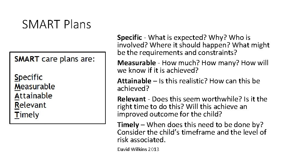 SMART Plans Specific - What is expected? Why? Who is involved? Where it should