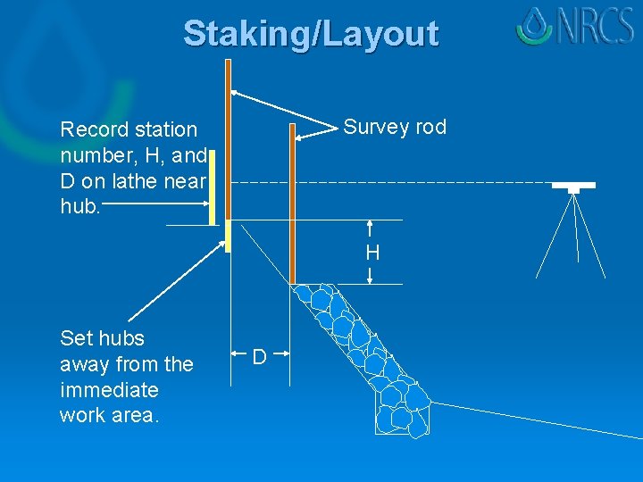 Staking/Layout Survey rod Record station number, H, and D on lathe near hub. H