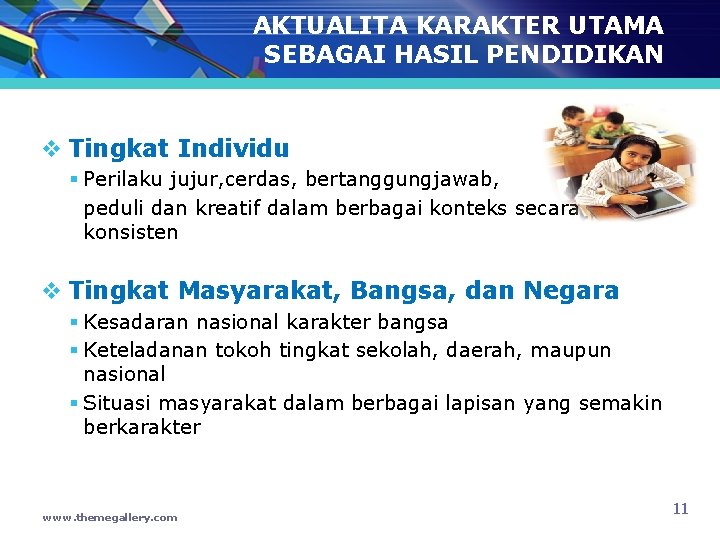 AKTUALITA KARAKTER UTAMA SEBAGAI HASIL PENDIDIKAN v Tingkat Individu § Perilaku jujur, cerdas, bertanggungjawab,