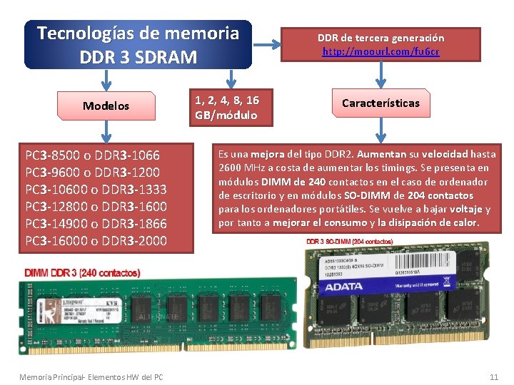 Tecnologías de memoria DDR 3 SDRAM Modelos PC 3 -8500 o DDR 3 -1066